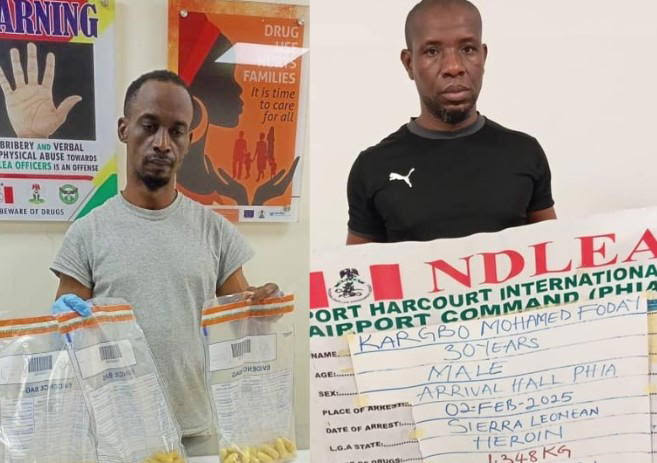 Two drug kingpins excrete 125 wraps of heroin at Lagos, Port Harcourt airports